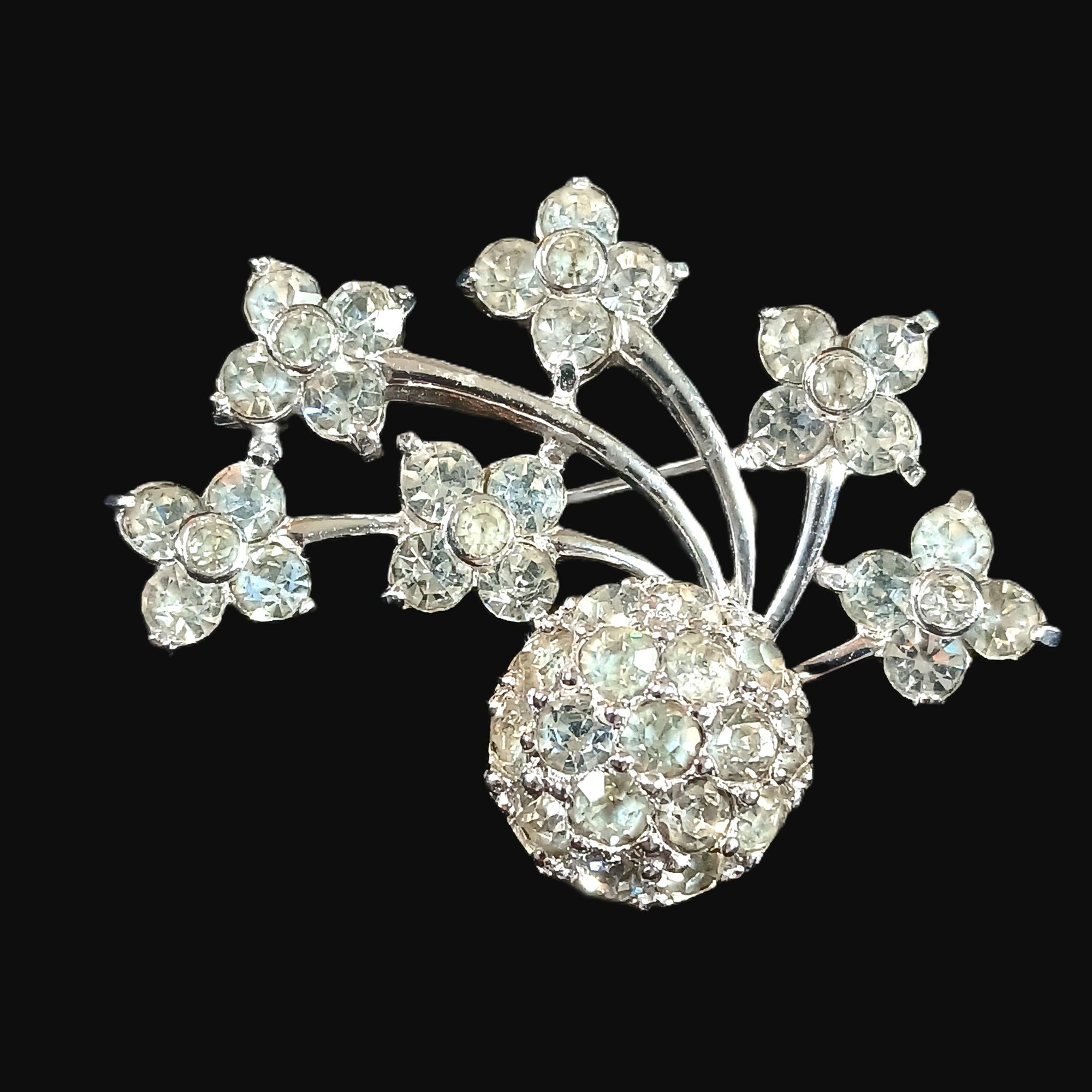 Rare Signed Pennino Rhodium Rhinestone Spray Large 6 Flower Spray Brooch 1940s